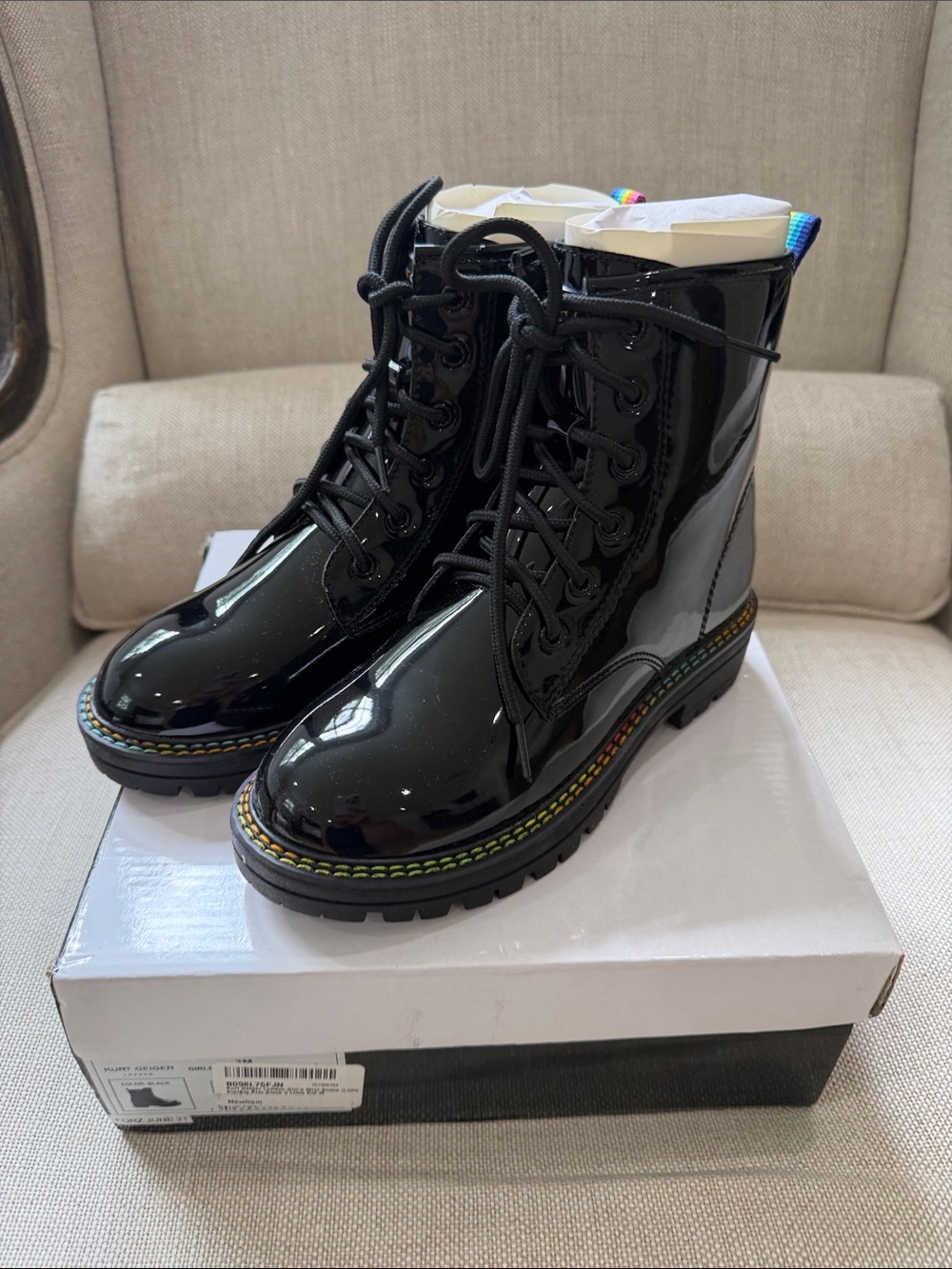 Kurt Geiger Black Patent Lace-Up Combat Boots with Rainbow Trim